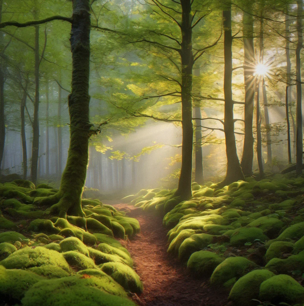 Sunlight filtering through a dense canopy creating soft, dappled light on a peaceful forest floor covered in moss.