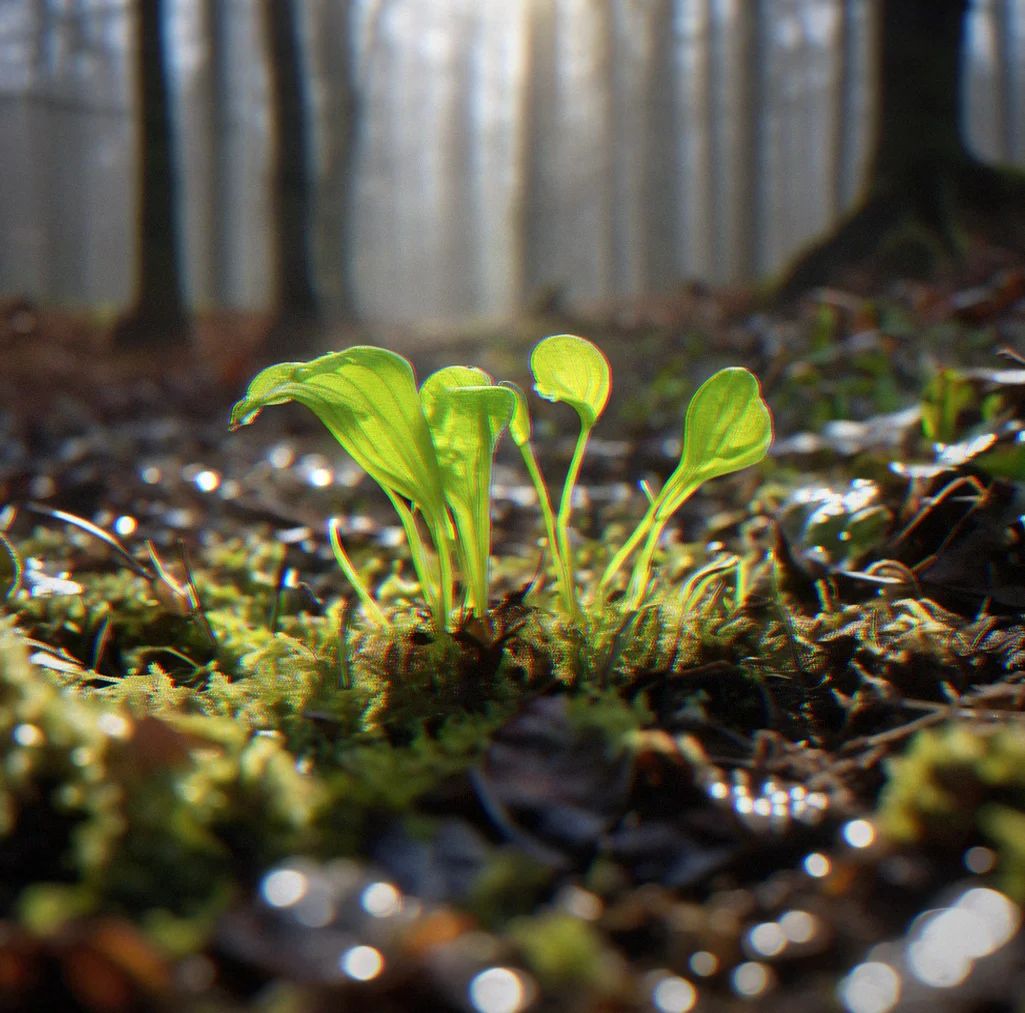 New green shoots emerging from dark soil after rain, with moisture clinging to unfurling leaves in early spring.