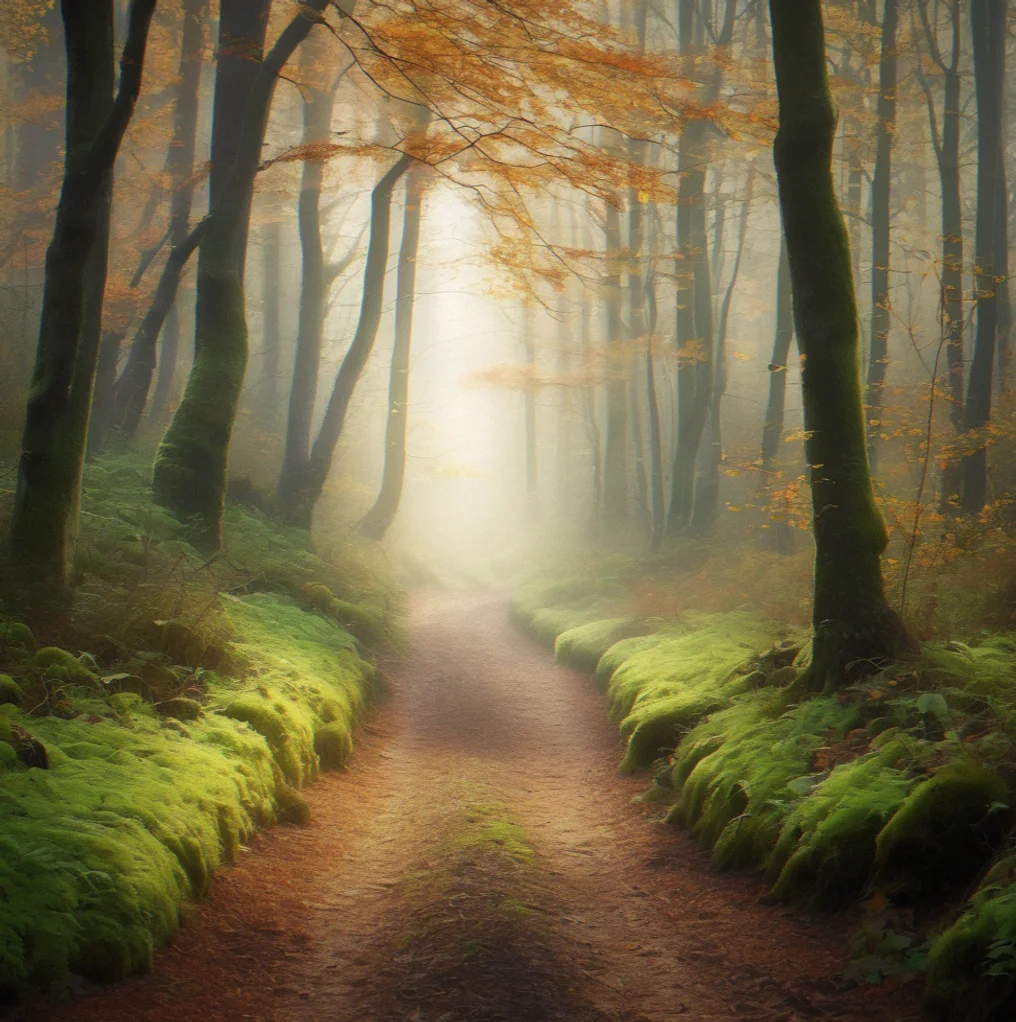 An empty forest path disappearing into soft focus with filtered light creating depth and inviting solitary forward movement.