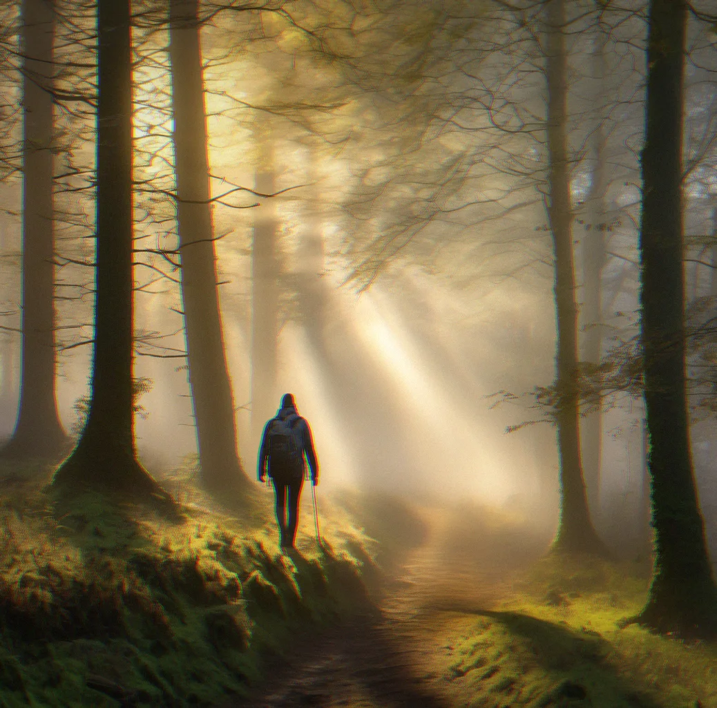 Someone walking alone through the forest at dawn. Fog rising between trees, golden light breaking through above.