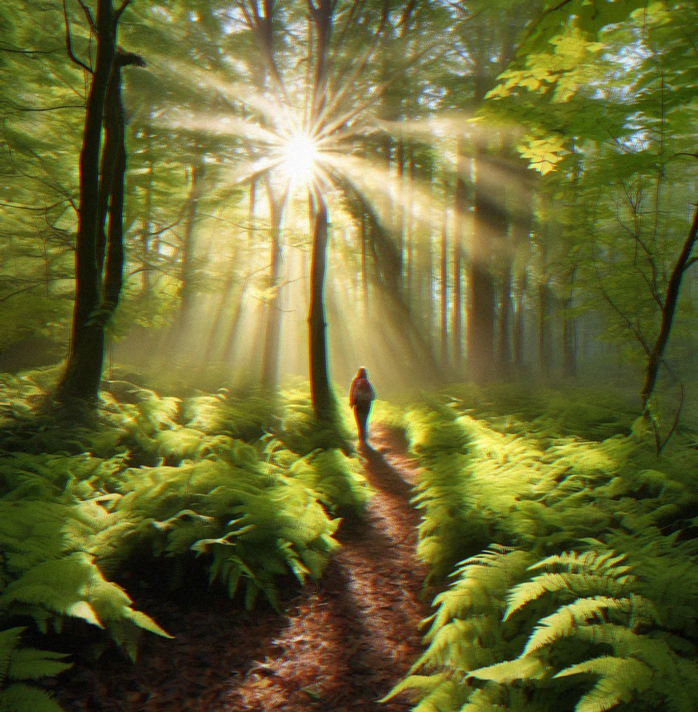 Sunlight filtering through dense green leaves above. Shadow patterns scattered across the forest floor covered in ferns.