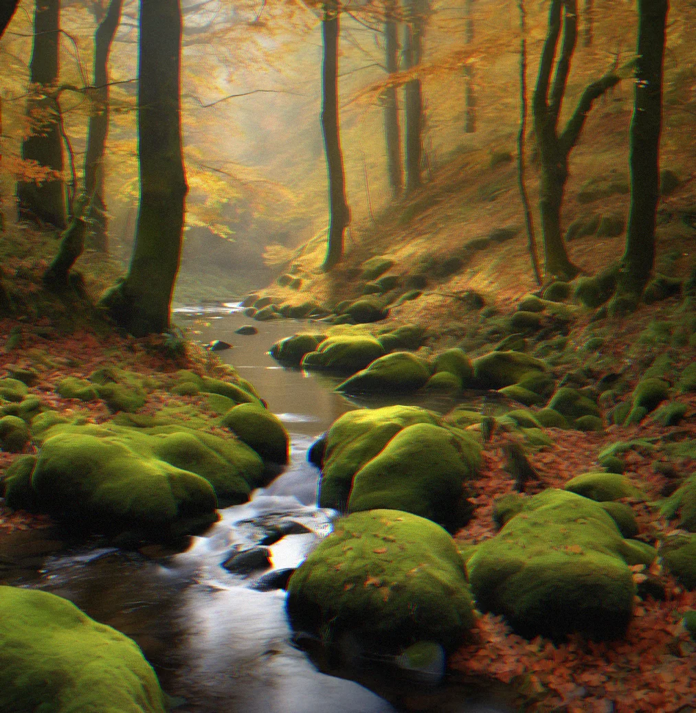 A shallow stream flowing over moss-covered stones. Autumn leaves scattered in the water and along the banks.
