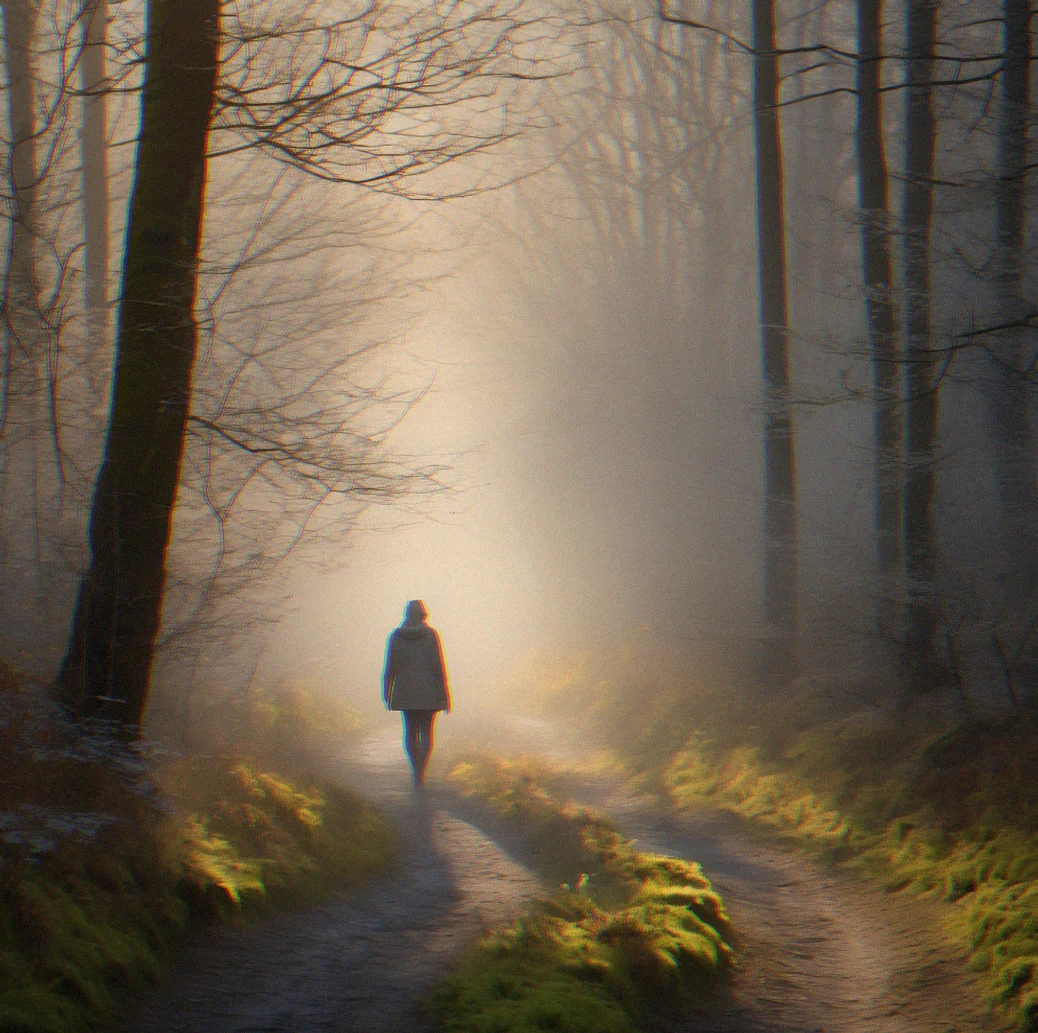 A solitary figure walking slowly on a forest trail at dawn, with soft gray light filtering through bare branches and thin mist settling between trees.