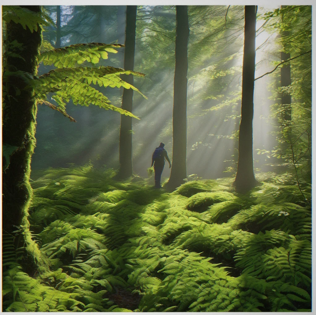 Dappled sunlight breaking through a dense canopy of green leaves, creating intricate shadow patterns across Ferns, moss and the forest floor Below.