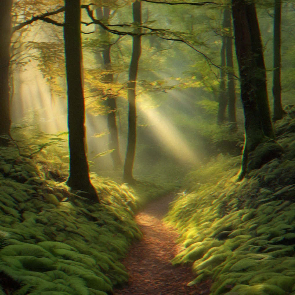 Sunlight breaking through a dense canopy of dark green leaves, creating thin golden rays that illuminate a forest path covered in moss.