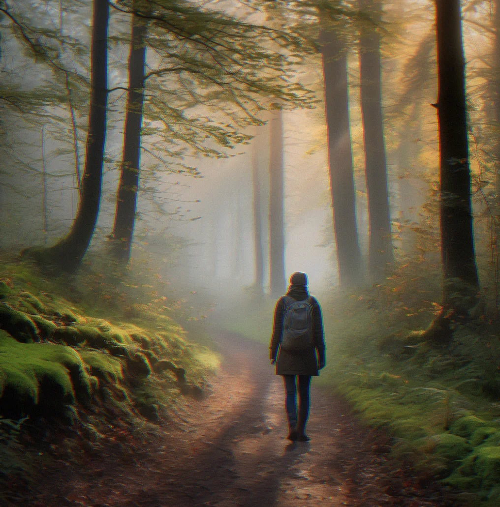 A person standing alone on a forest trail at dawn, with fog settling between the trees and a cool gray light filtering through the branches.