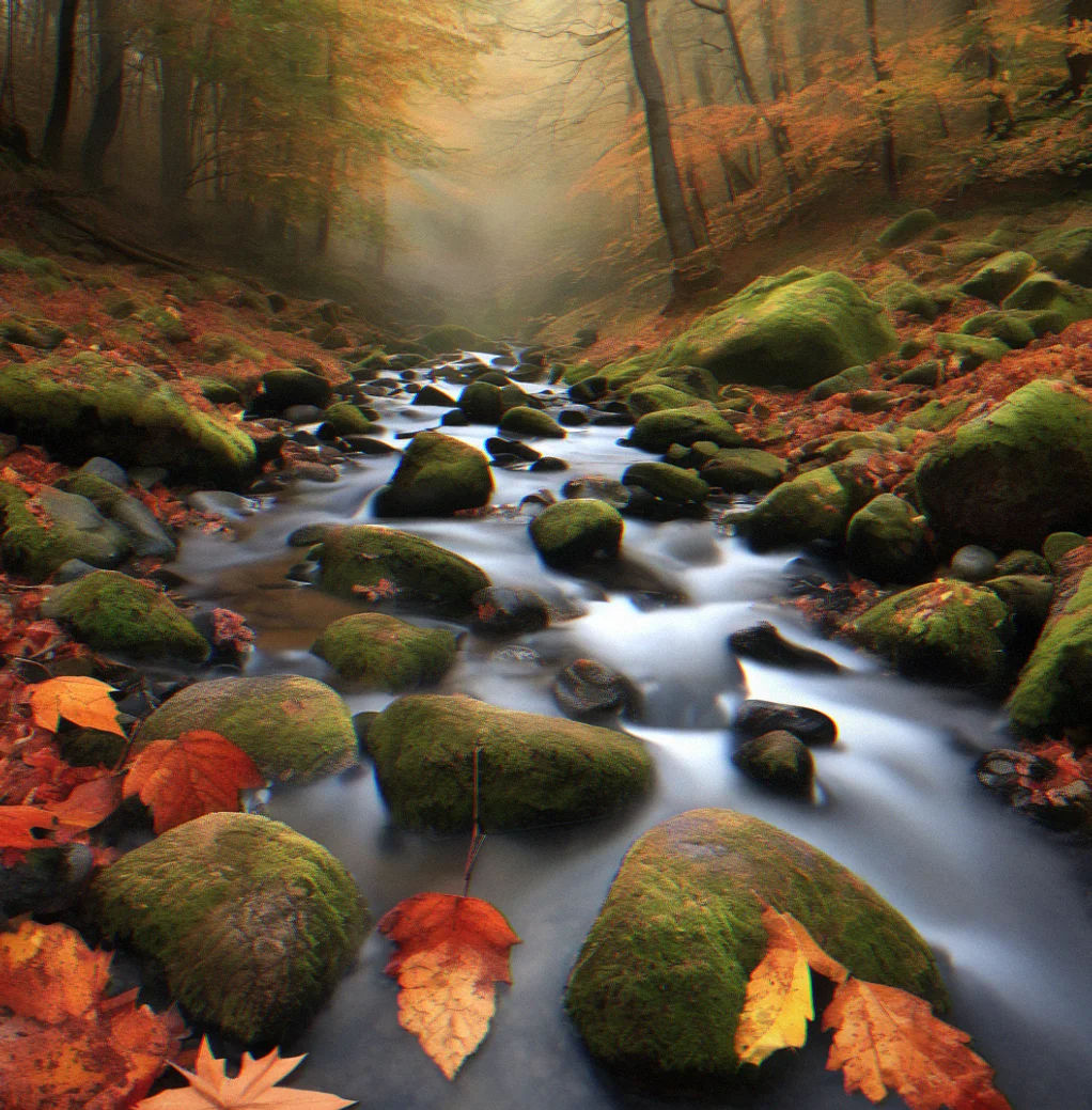 A stream flowing over smooth stones with autumn levaes caught in the current, surrounded by overhanging branches in transition between seasons.