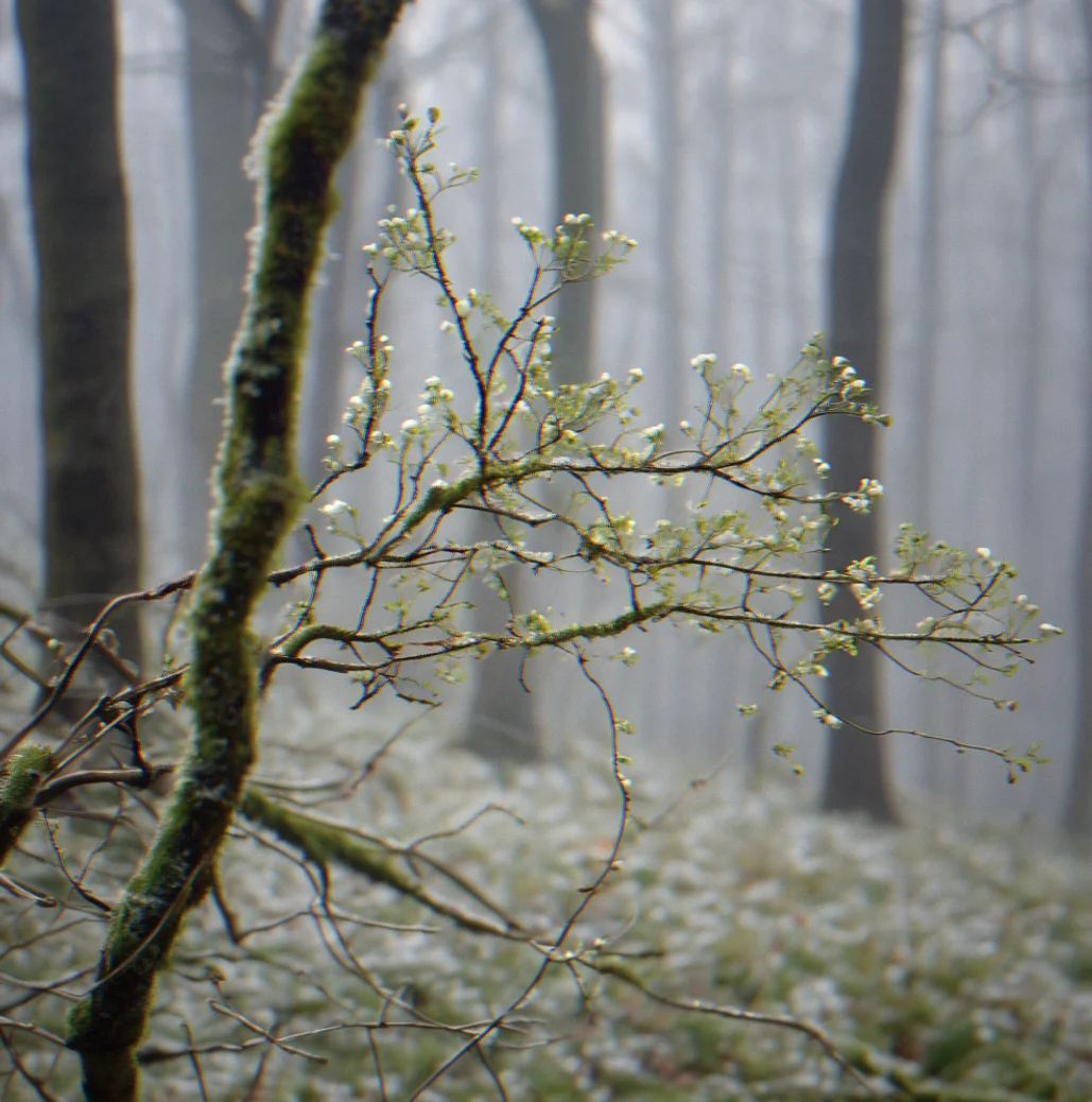 Bare branches against a pale sky with small buds just beginning to swell, indicating early spring Growth pushing through dormancy.