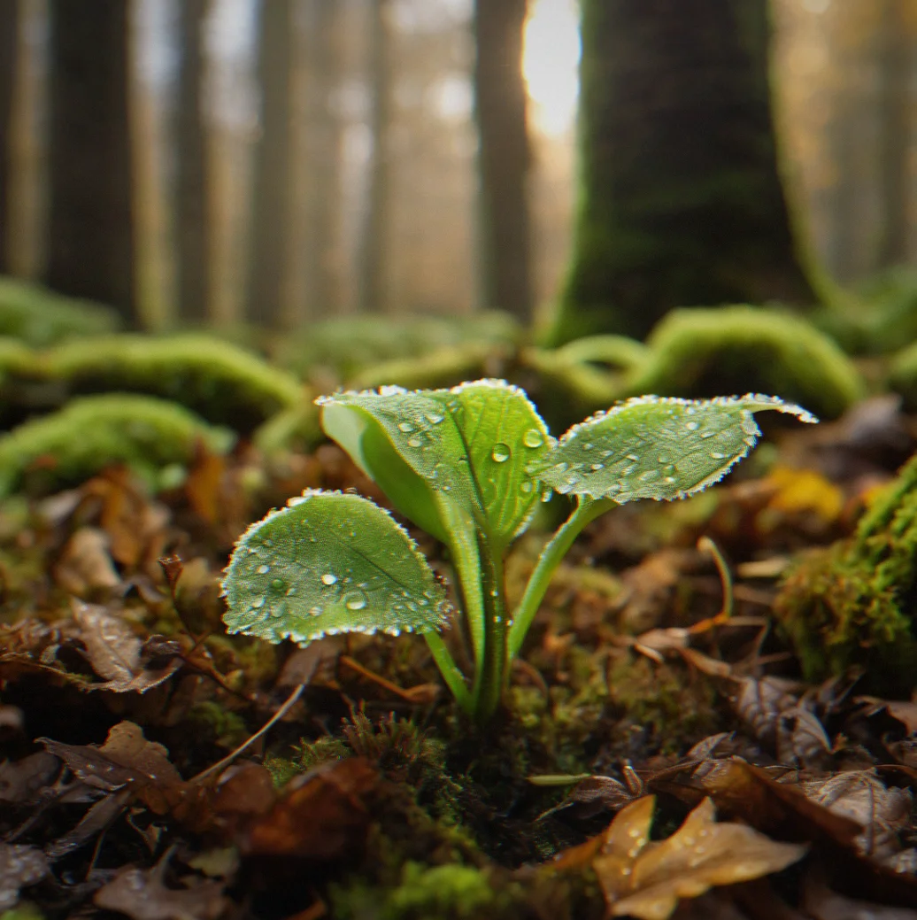 New growth pushing through dark soil, small green shoots emerging with moisture droplets clinging to unfurling leaves.