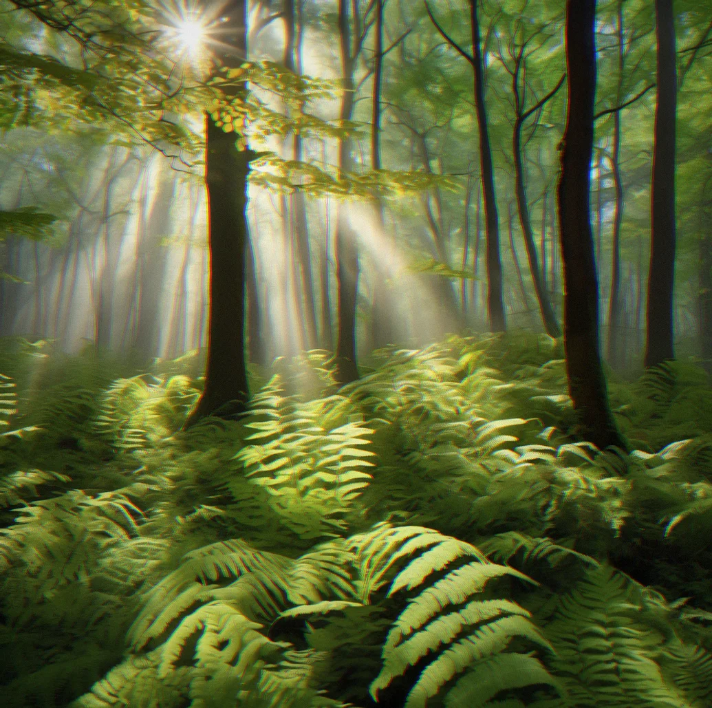 Dense canopy overhead with dappled sunlight creating intricate shadow patterns on a fern-covered forest floor.