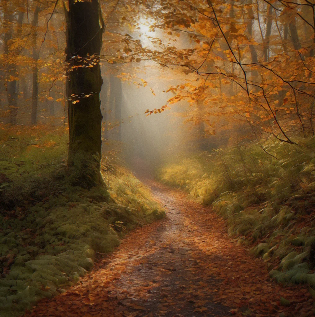 Fallen leaves in shades of rust, gold and brown scattered across a forest path, with moisture clinging to their edges.