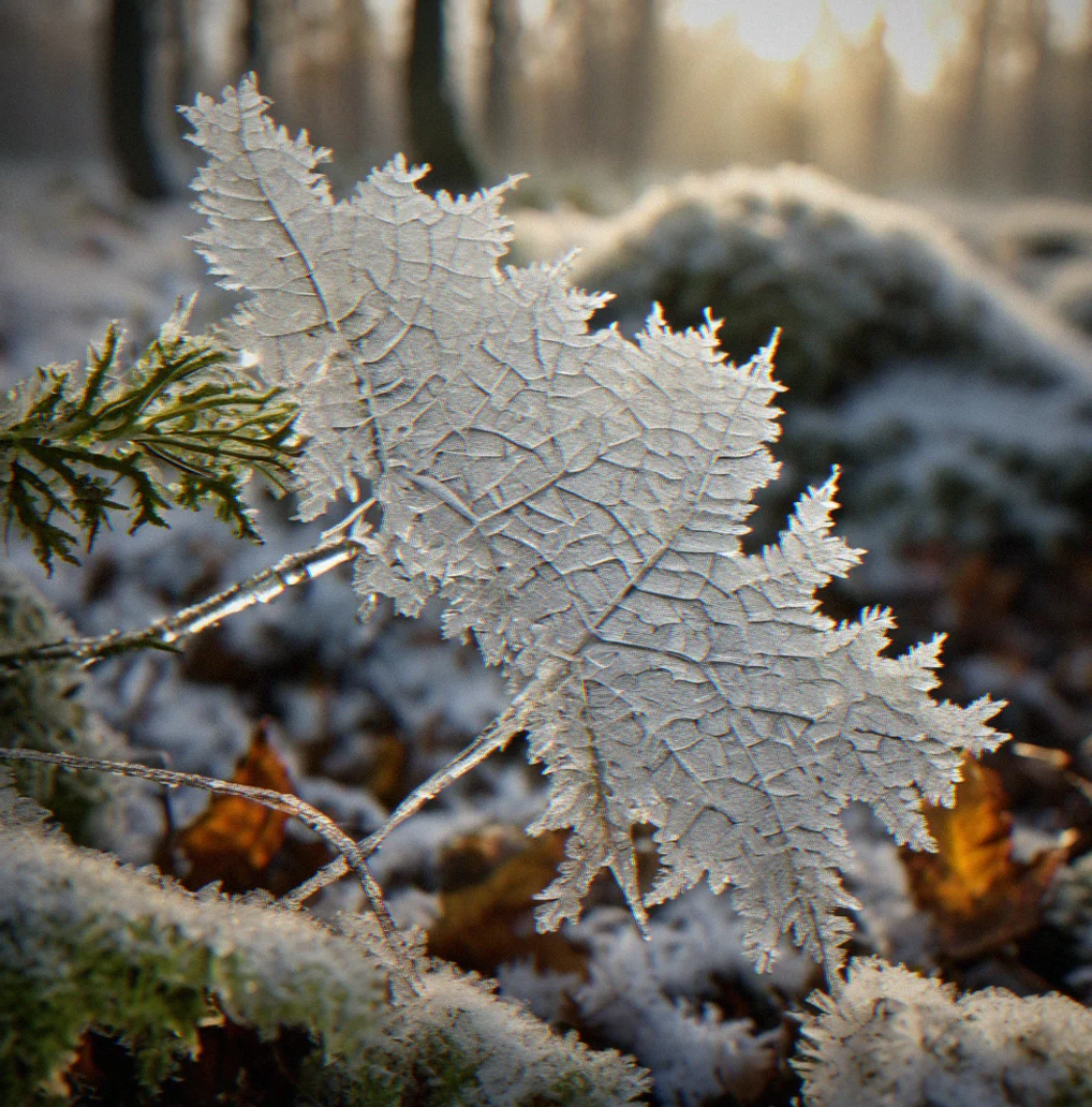 Frost crystals coating every surface—branches, grwss blades and spider webs—in delicate white formations under weak morning light.