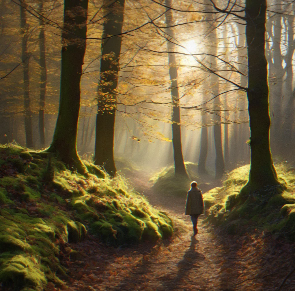 Early morning light filtering through bare branches in a wooded area, creating soft shadows on ground covered with moss and fallen leaves.