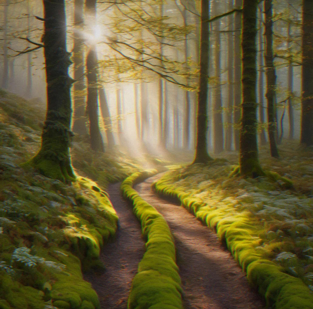 A forest path winding through dense trese with soft filtered light creating shadows on the moss-covered ground.
