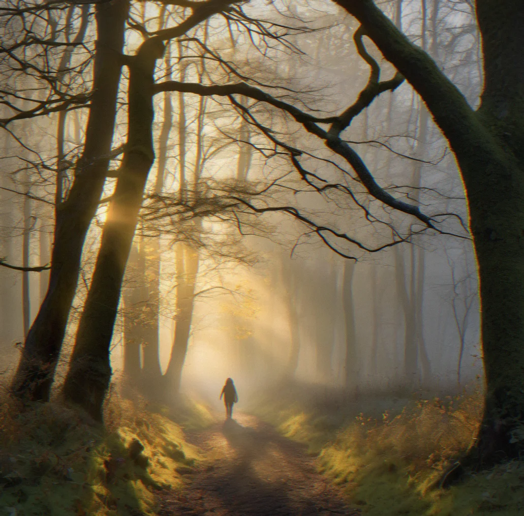 Early dawn light breaking through bare branches with mist rising between trees in shades of gray and pale gold.