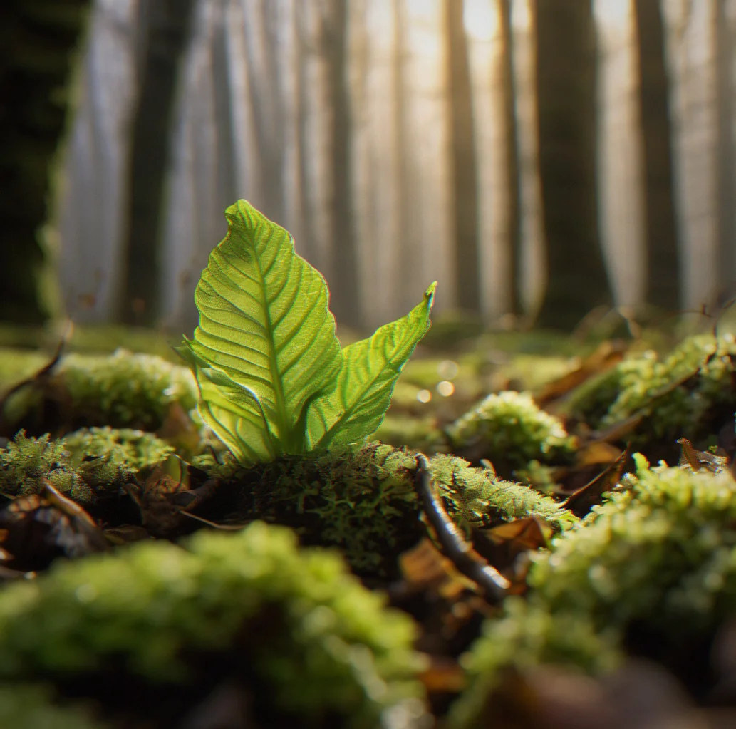 New spring shoots emerging from dark soil with moisture clinging to unfurling leaves against soft morning light.