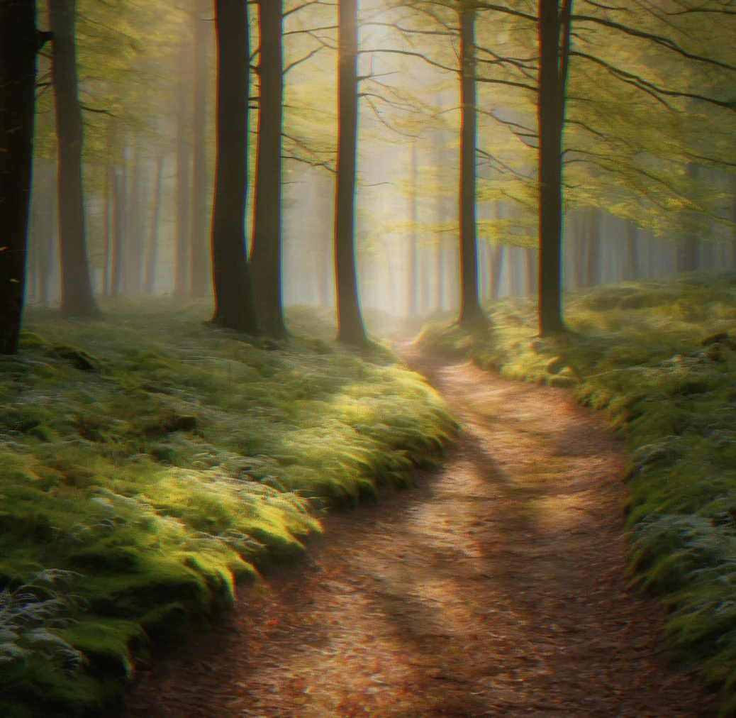 An empty forest path disappearing into soft focus with dappled light creating depth and inviting solitary movement forward.