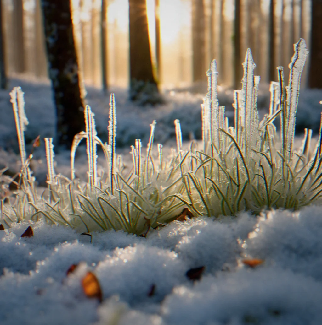 Frost crystals coating plant stems and grass blades in fine geometric patterns under pale winter morning light.