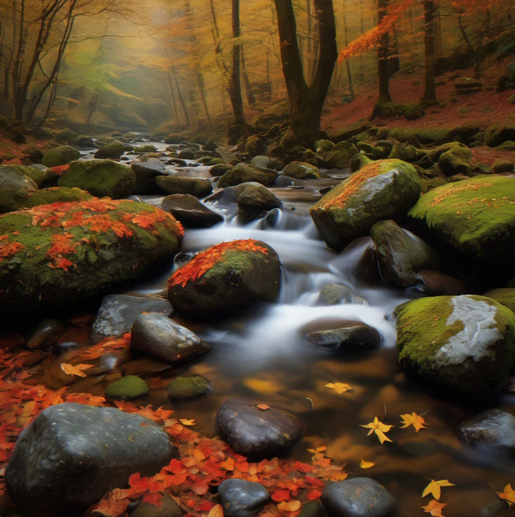 A stream flowing over smmooth stones with autumn leaves in the water, surrounded by branches in various stages of color transition.