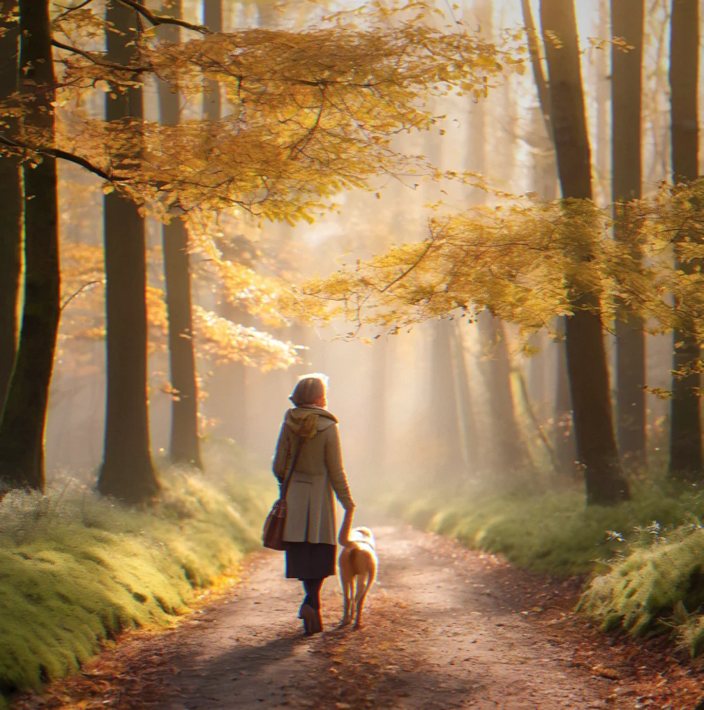 Someone walking alone on a narrow forest trail as dawn breaks, gray light pushing through bare branches while mist hangs between the trees.