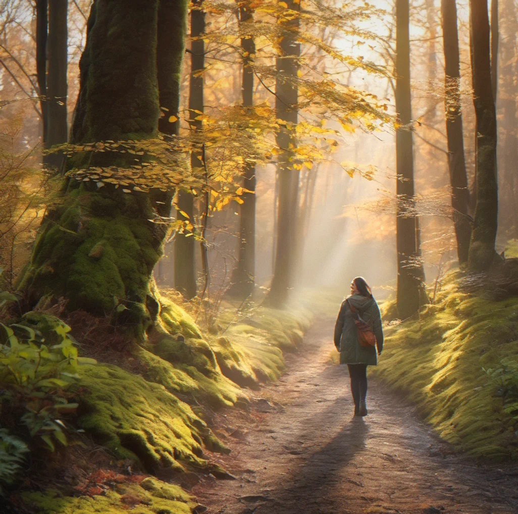 Sunlight cuts through the dense canopy in thin golden streaks, casting shadow patterns across ferns and low growth. The kind of light you don't notice until you stop and look.