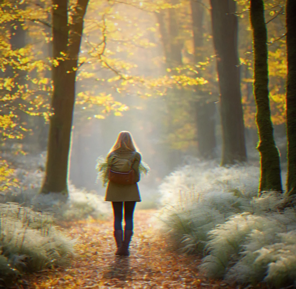 A forest path stretches ahead and fades into soft focus. Filtered light creates distance and pulls you forward into quiet.